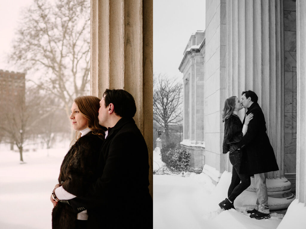 snowy winter Cleveland engagement session arcade museum of art downtown