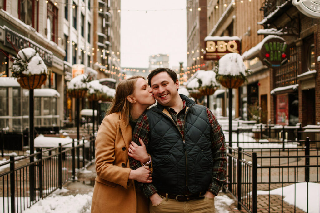 snowy winter Cleveland engagement session arcade museum of art downtown