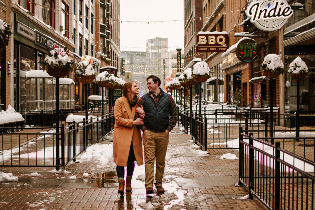 snowy winter Cleveland engagement session arcade museum of art downtown