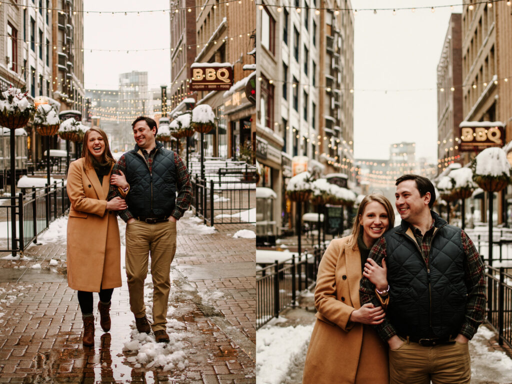 snowy winter Cleveland engagement session arcade museum of art downtown