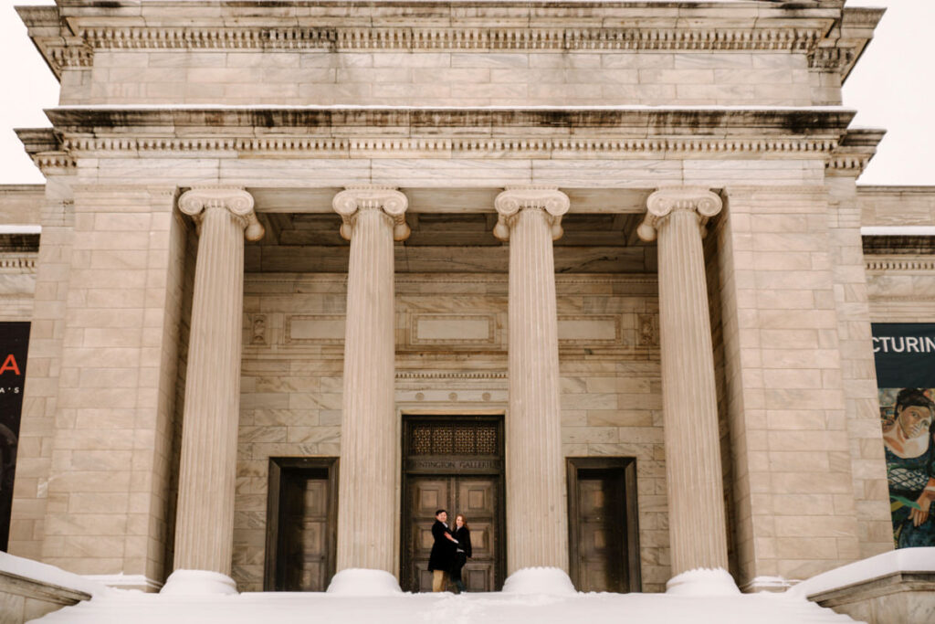 snowy winter Cleveland engagement session arcade museum of art downtown