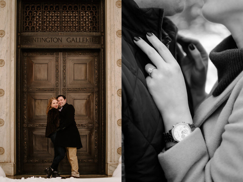 snowy winter Cleveland engagement session arcade museum of art downtown