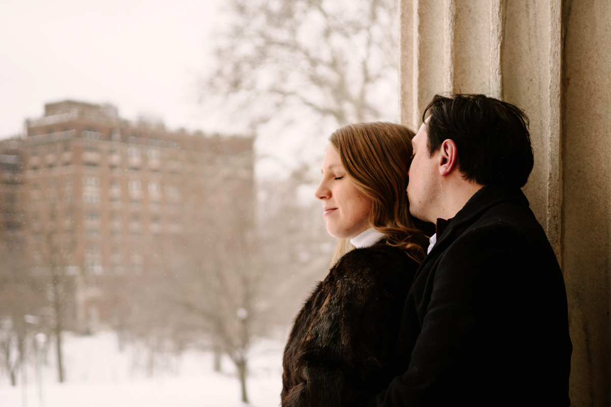 snowy winter Cleveland engagement session arcade museum of art downtown