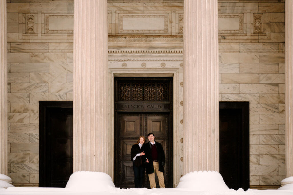 snowy winter Cleveland engagement session arcade museum of art downtown