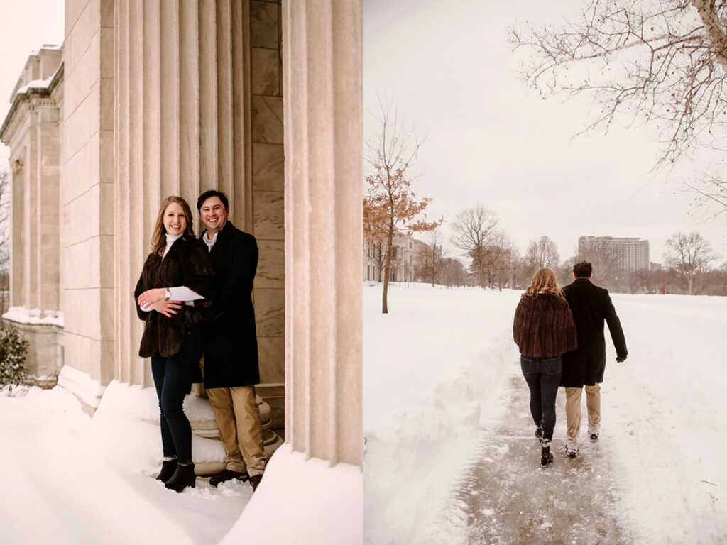 snowy winter Cleveland engagement session arcade museum of art downtown