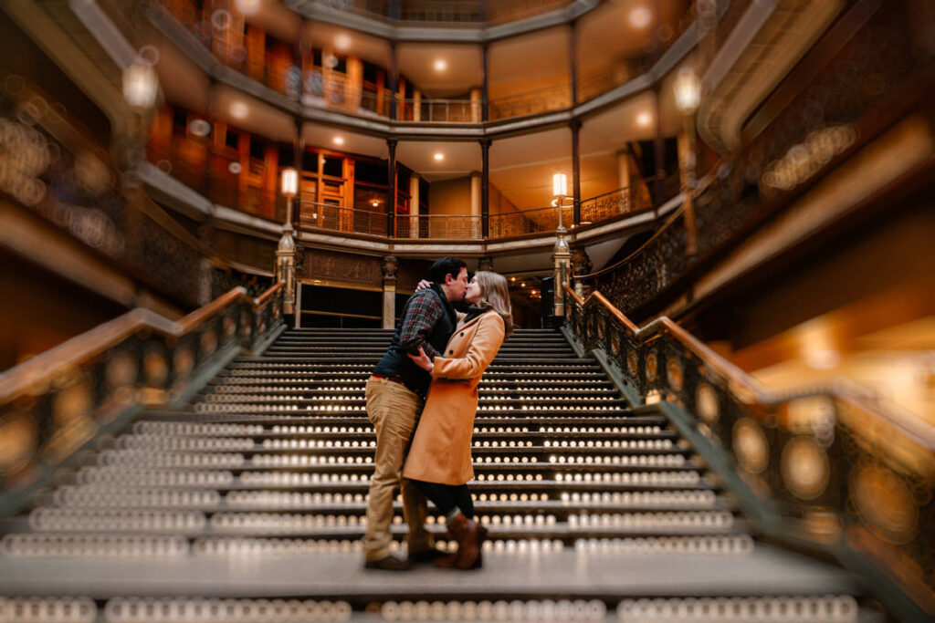 snowy winter Cleveland engagement session arcade museum of art downtown