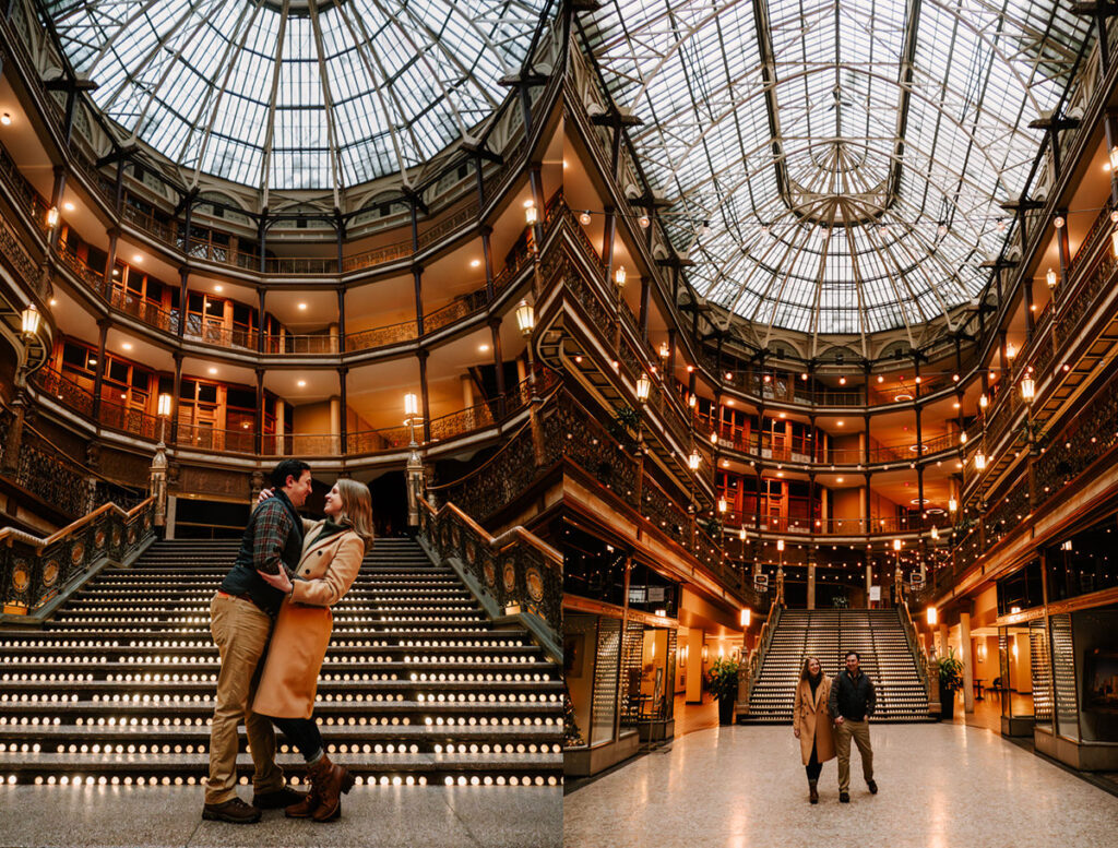 snowy winter Cleveland engagement session arcade museum of art downtown