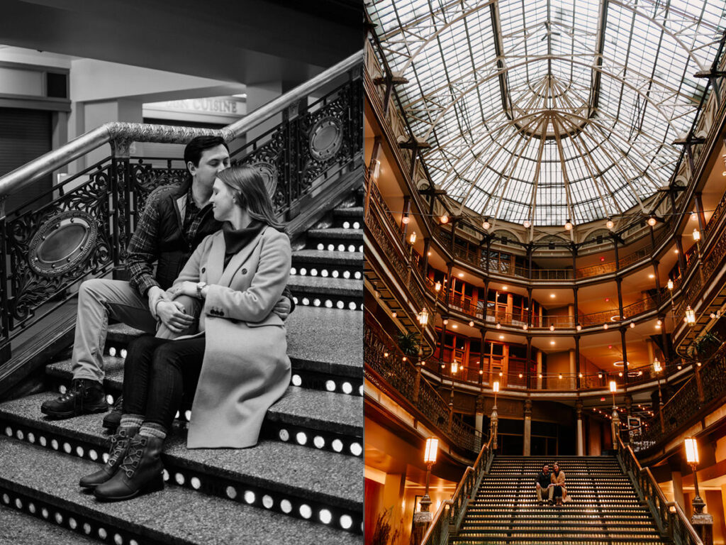 snowy winter Cleveland engagement session arcade museum of art downtown