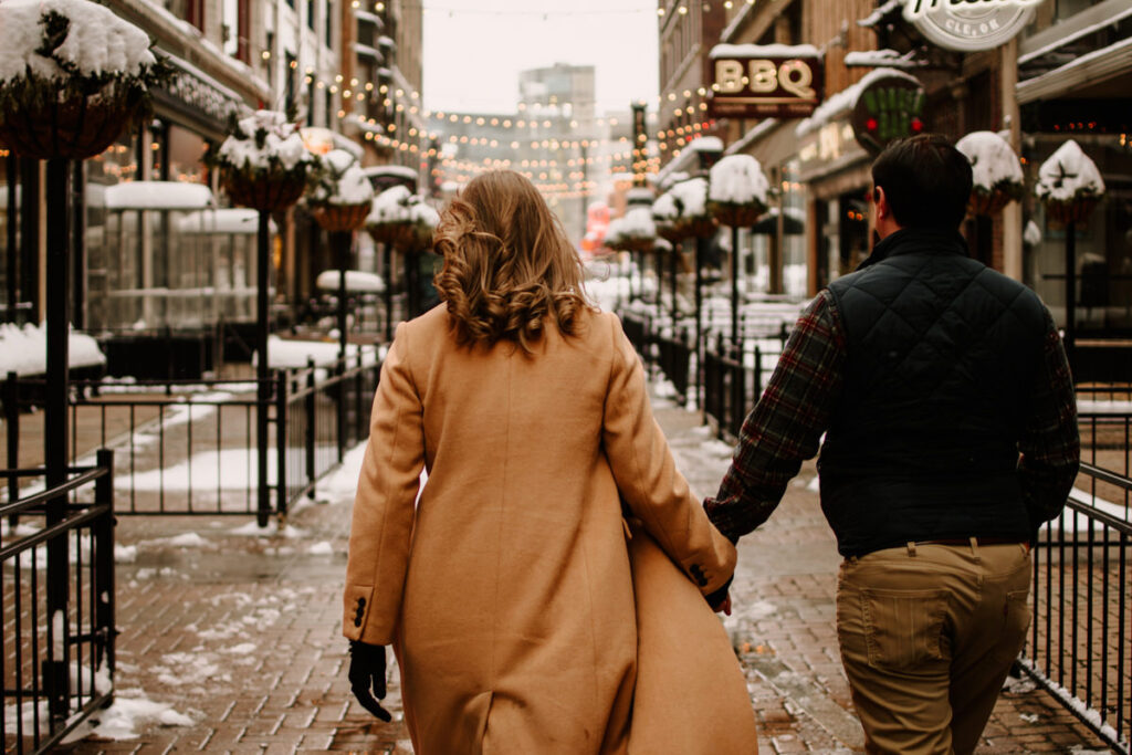 snowy winter Cleveland engagement session arcade museum of art downtown