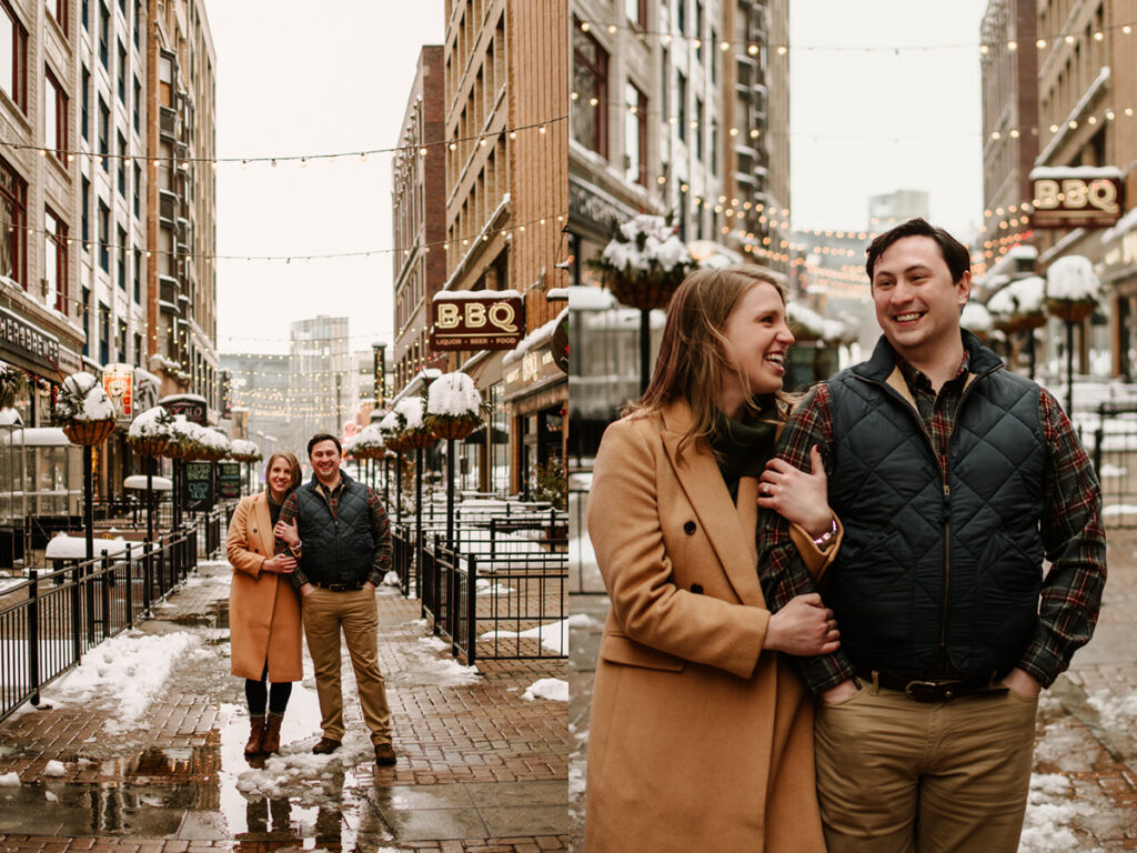 snowy winter Cleveland engagement session arcade museum of art downtown