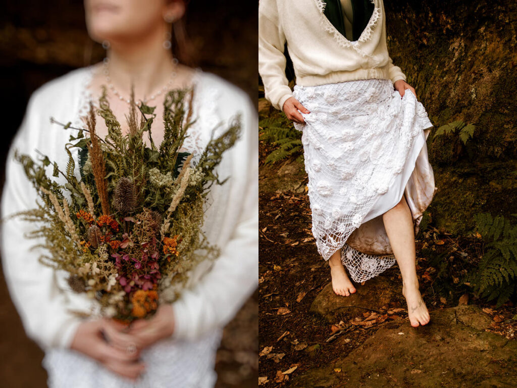 cottage core wedding foraged bouquet barefoot crocheted skirt