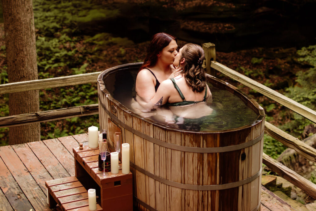 Hocking Hills Treehouse Surprise Proposal Engagement Hot Tub Boudoir 