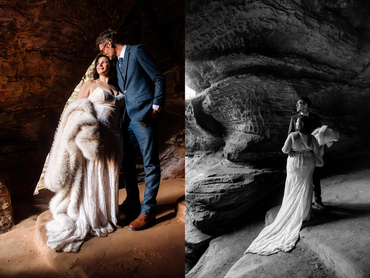 The Rockhouse, with its tunnel-like cave and captivating 'window' views, provided a truly unique and breathtaking backdrop for their intimate Couples Portraits.