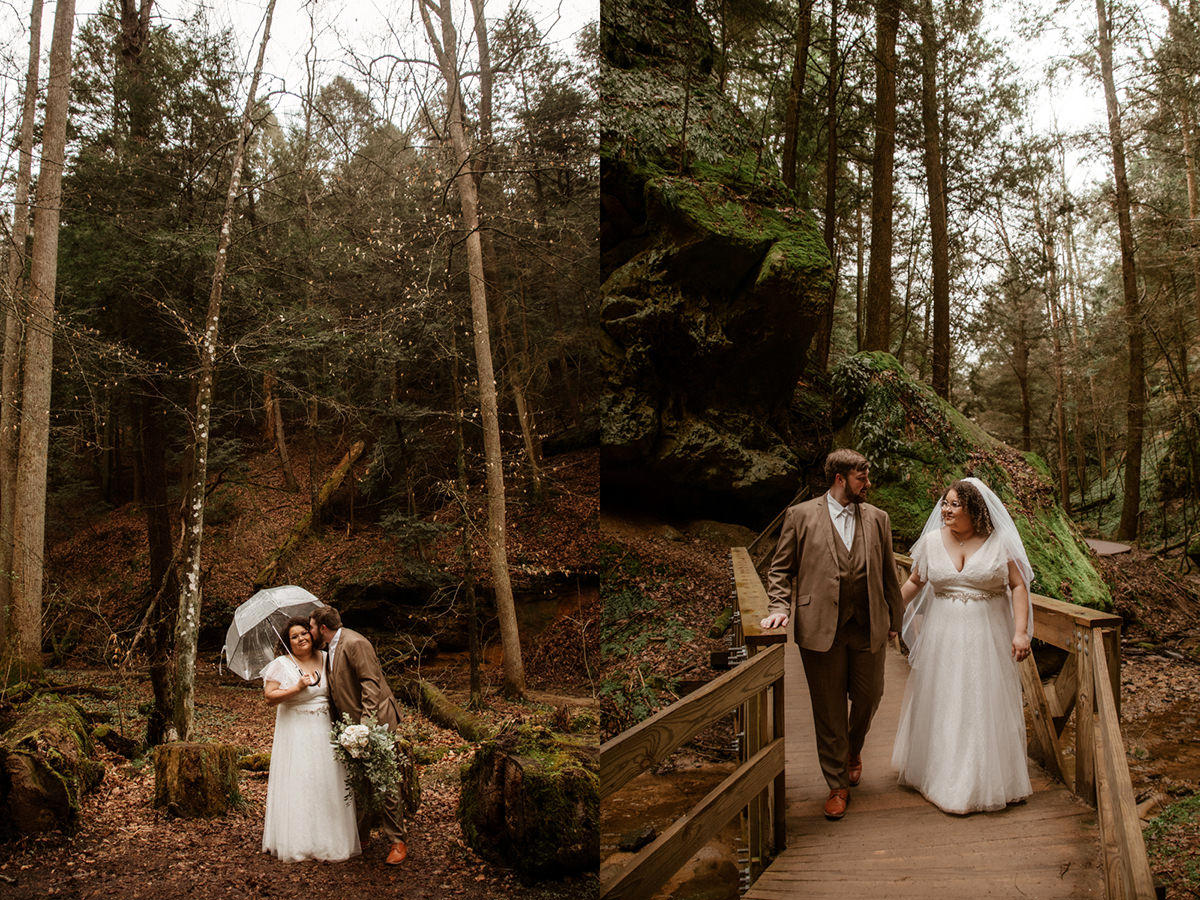 Sarah and Gabe wanted a simple, wedding in nature, so they eloped in Ohio's beautiful Hocking Hills. The rainy spring day made it even more romantic as they said their vows under Ash Cave's huge overhang, the light rain a perfect soundtrack. They then visited Conkles Hollow, where the misty cliffs and green spring growth created a magical scene. Despite the rain, they were so happy, and their elopement was exactly what they dreamed of: a loving celebration in the stunning Hocking Hills.