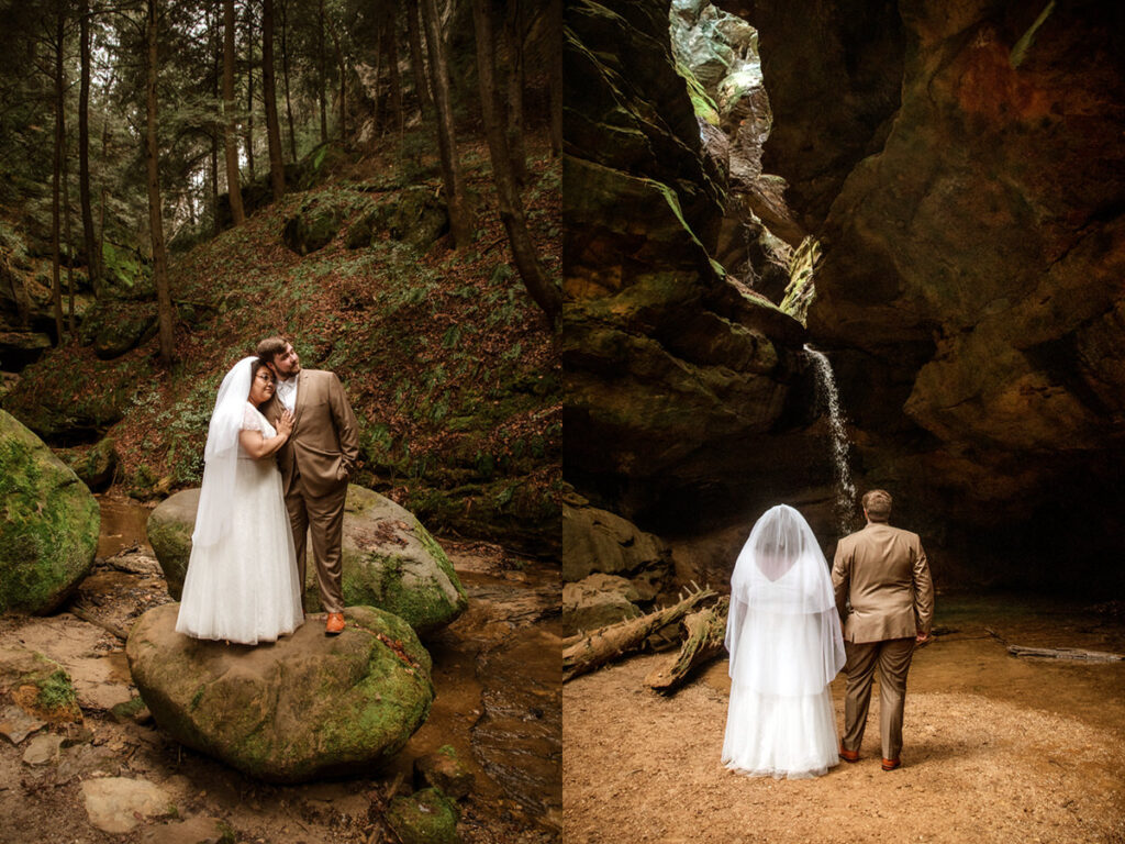 Sarah and Gabe wanted a simple, wedding in nature, so they eloped in Ohio's beautiful Hocking Hills. The rainy spring day made it even more romantic as they said their vows under Ash Cave's huge overhang, the light rain a perfect soundtrack. They then visited Conkles Hollow, where the misty cliffs and green spring growth created a magical scene. Despite the rain, they were so happy, and their elopement was exactly what they dreamed of: a loving celebration in the stunning Hocking Hills.