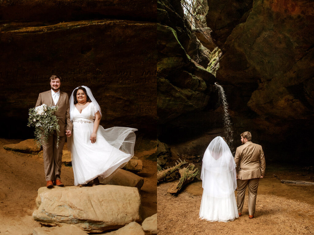 Sarah and Gabe wanted a simple, wedding in nature, so they eloped in Ohio's beautiful Hocking Hills. The rainy spring day made it even more romantic as they said their vows under Ash Cave's huge overhang, the light rain a perfect soundtrack. They then visited Conkles Hollow, where the misty cliffs and green spring growth created a magical scene. Despite the rain, they were so happy, and their elopement was exactly what they dreamed of: a loving celebration in the stunning Hocking Hills.