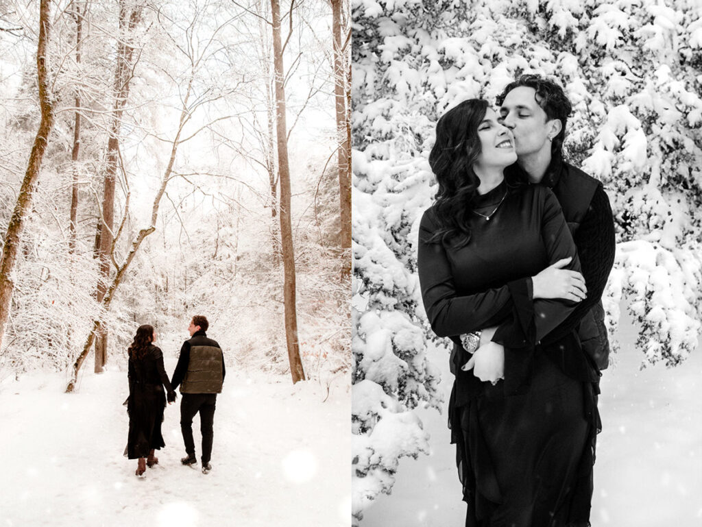 Winter Ash Cave Hocking Hills Ohio Iceland Engagement Session Waterfall Snow