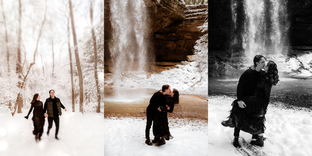 Winter Ash Cave Hocking Hills Ohio Iceland Engagement Session Waterfall Snow