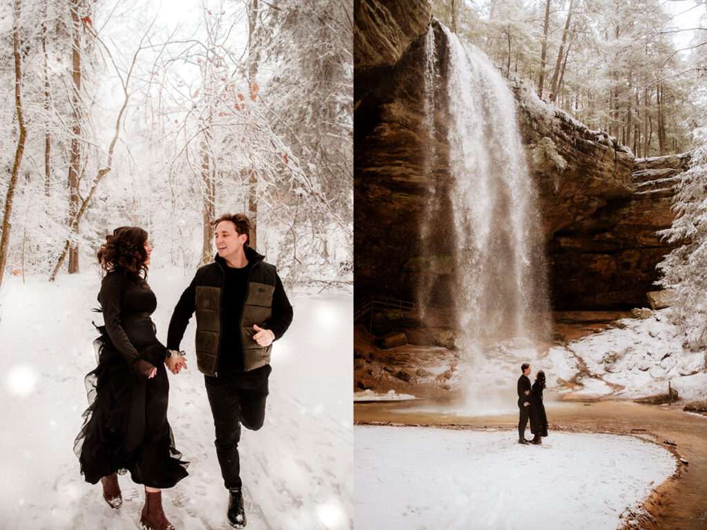 Winter Ash Cave Hocking Hills Ohio Iceland Engagement Session Waterfall Snow