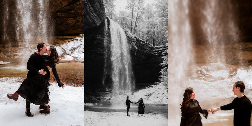 Winter Ash Cave Hocking Hills Ohio Iceland Engagement Session Waterfall Snow