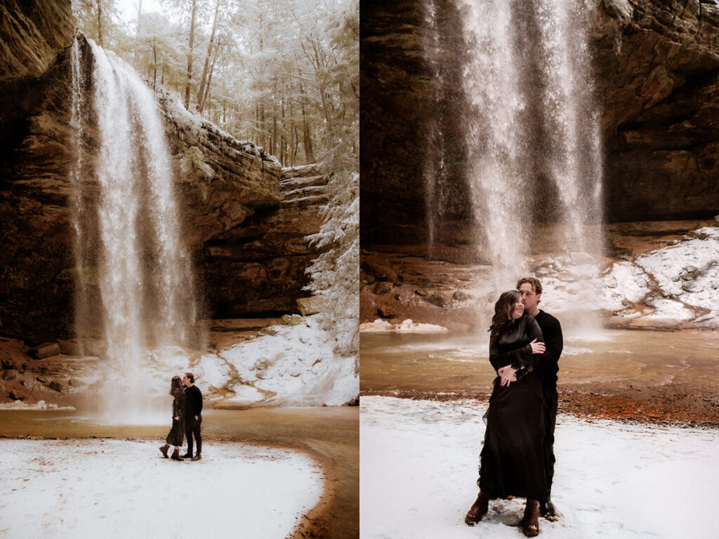 Winter Ash Cave Hocking Hills Ohio Iceland Engagement Session Waterfall Snow