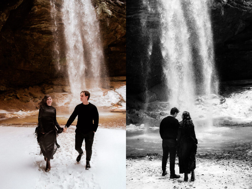 Winter Ash Cave Hocking Hills Ohio Iceland Engagement Session Waterfall Snow