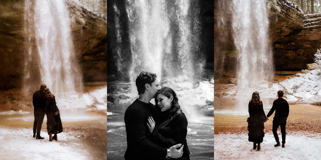 Winter Ash Cave Hocking Hills Ohio Iceland Engagement Session Waterfall Snow