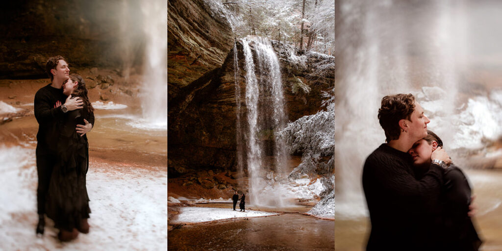 Winter Ash Cave Hocking Hills Ohio Iceland Engagement Session Waterfall Snow