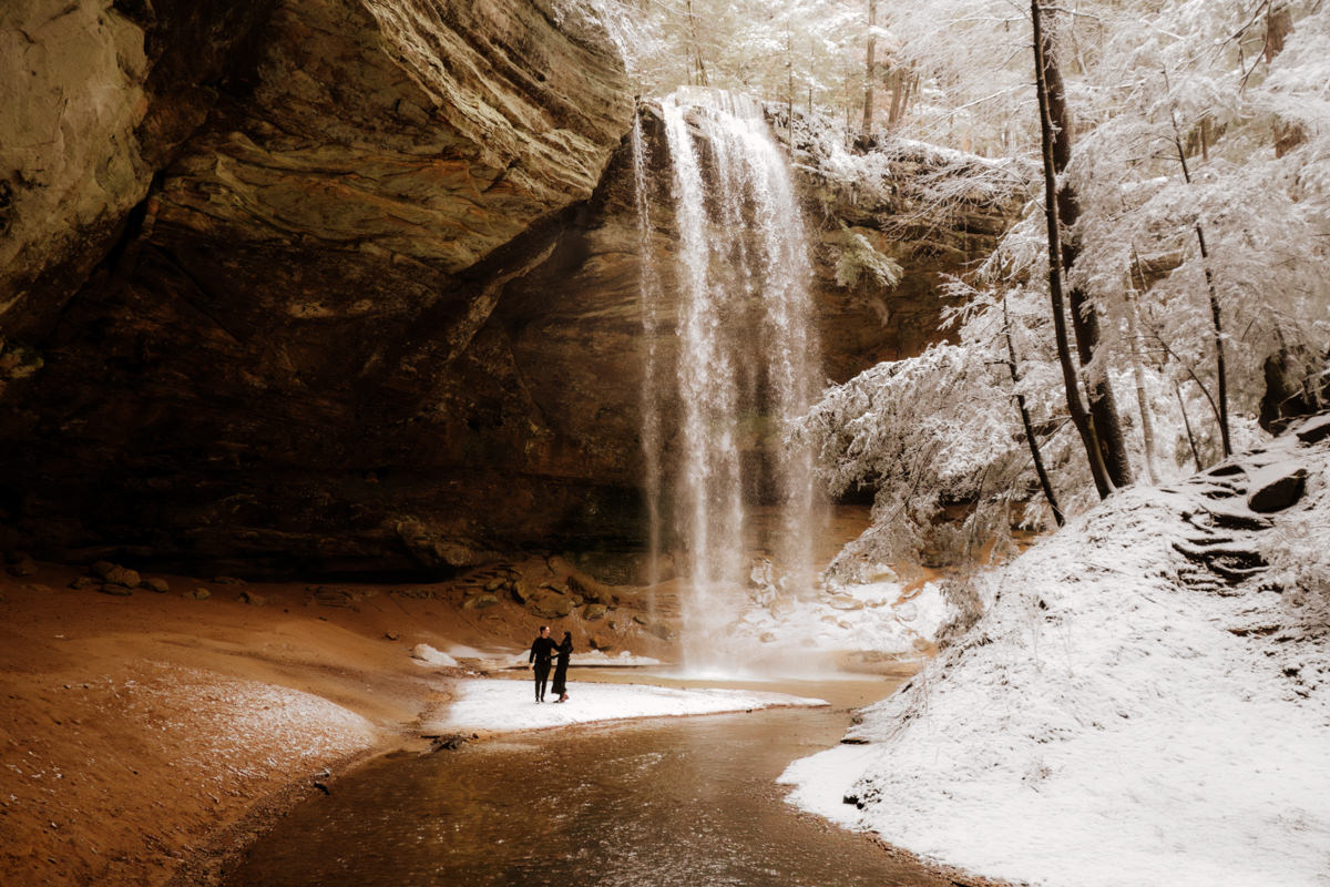 Winter Ash Cave Hocking Hills Ohio Iceland Engagement Session Waterfall Snow