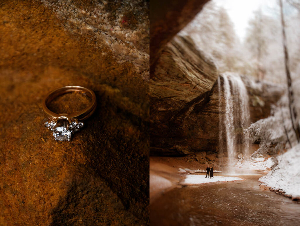 Winter Ash Cave Hocking Hills Ohio Iceland Engagement Session Waterfall Snow