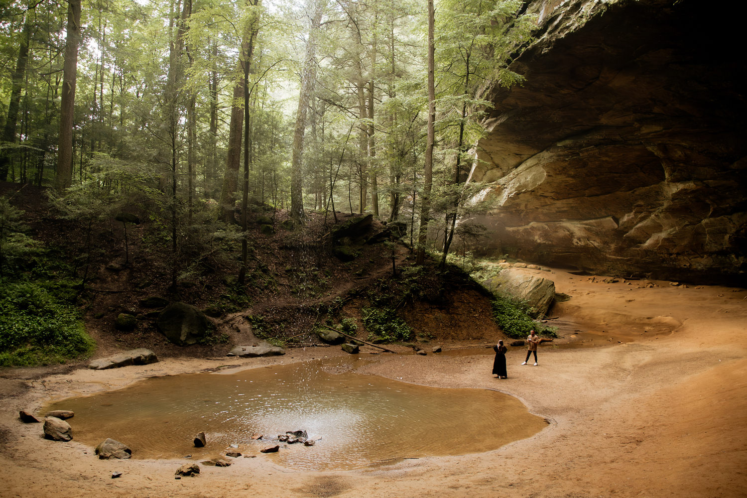 A wide angle view of the Ash Cave waterfall and pool.