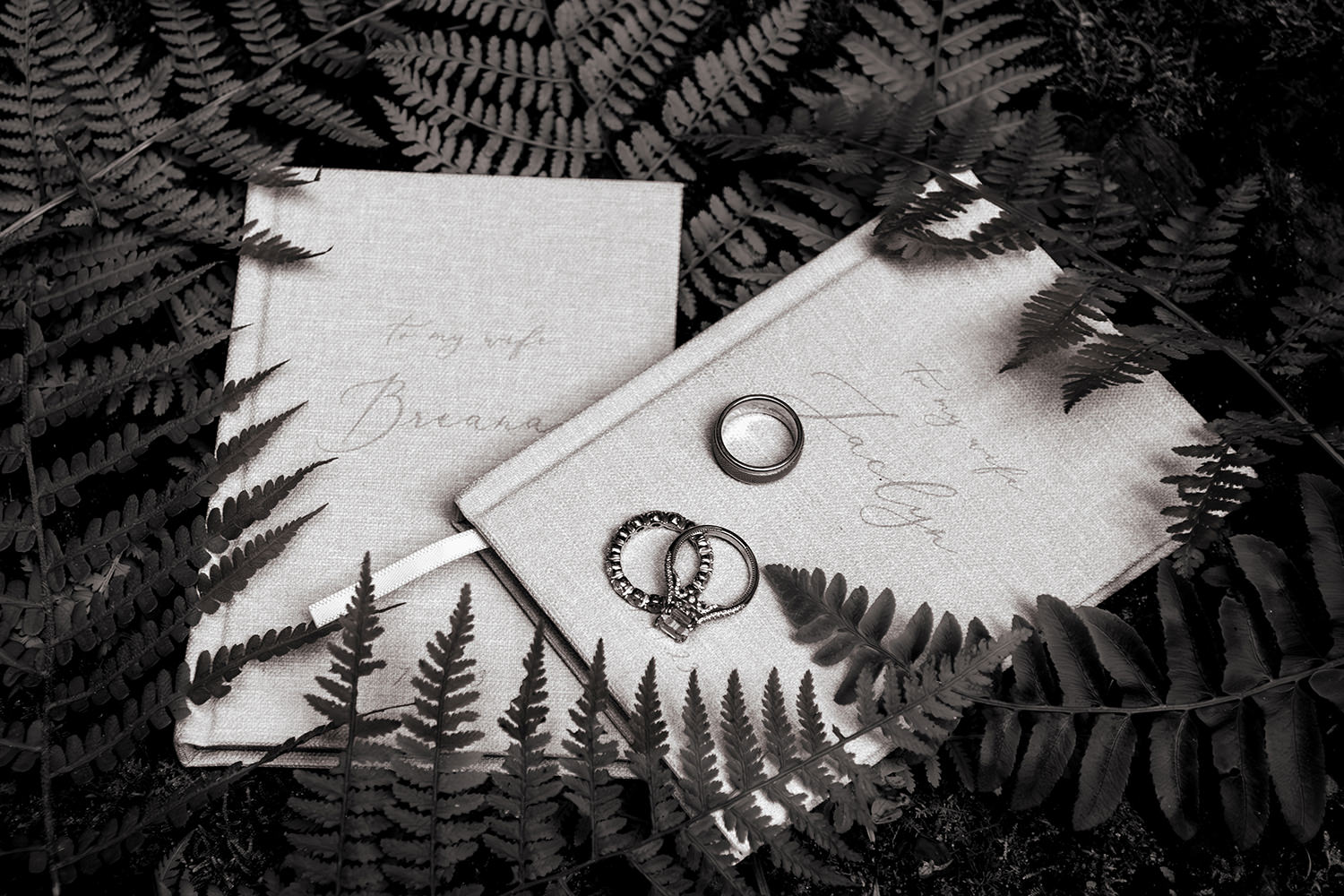 Black and white photo of vow books, rings, and ferns.