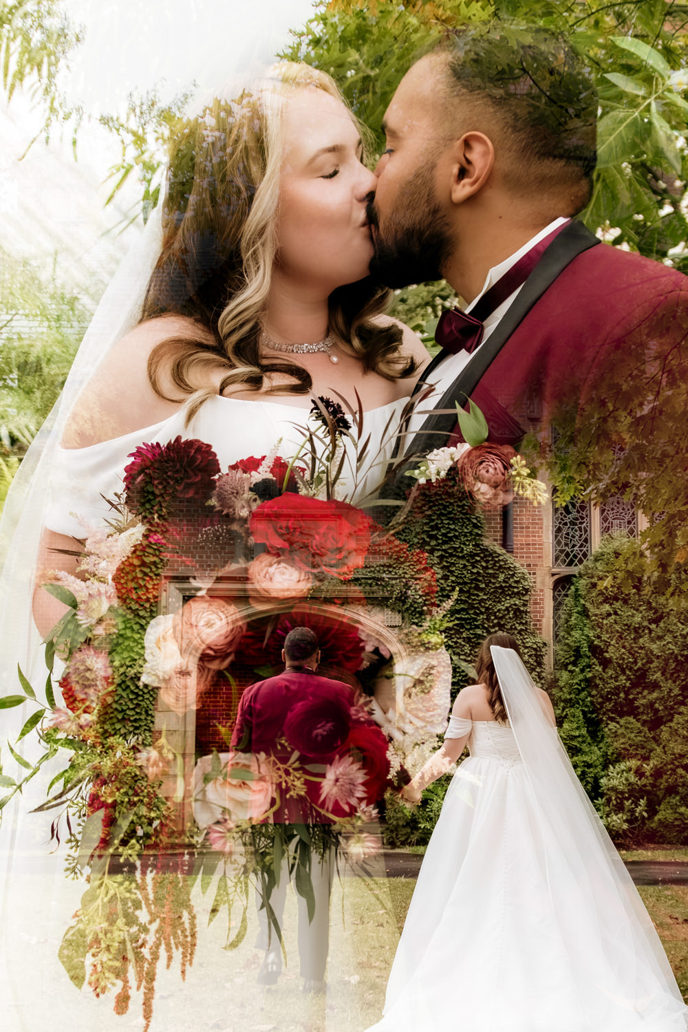 A colorful double exposure portrait of a wedding portrait taken at Stan Hywet Hall and Gardens.