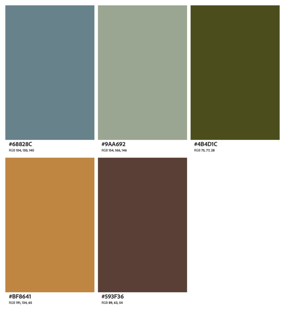 A color palette for trail and forest photoshoots, featuring sage green, muted copper, and cream to complement natural woodland surroundings.