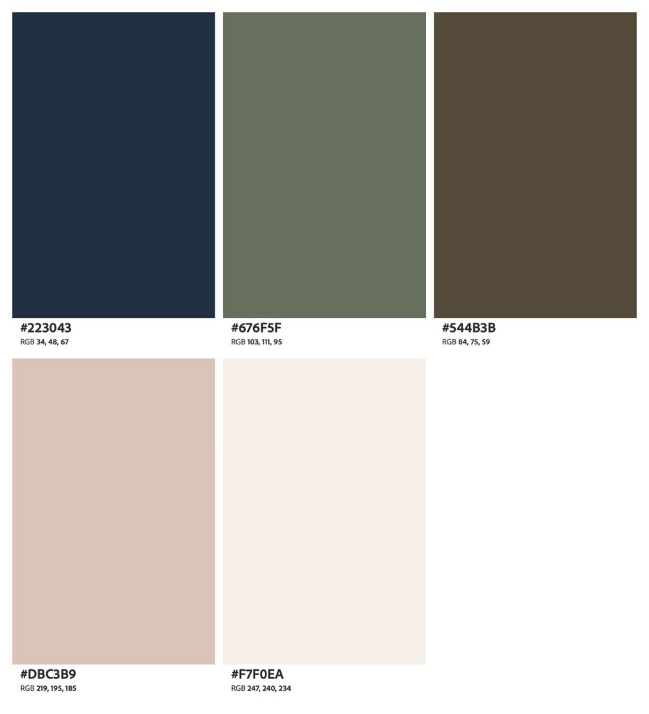 A color palette showing shades of deep navy, sage green, and oatmeal, designed to bring movement and depth to a wooded elopement session.
