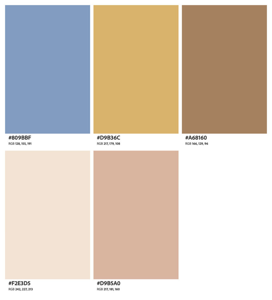 A color palette for open field and meadow sessions, featuring terracotta, soft blue, and warm white to capture a romantic golden hour aesthetic.