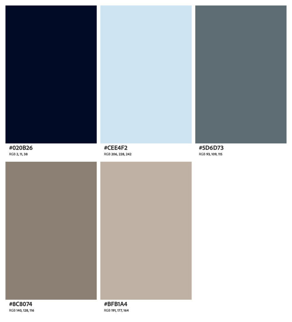 Color palette with sky blue, dusty grey, and tan, ideal for a bright, airy field photoshoot at sunset.