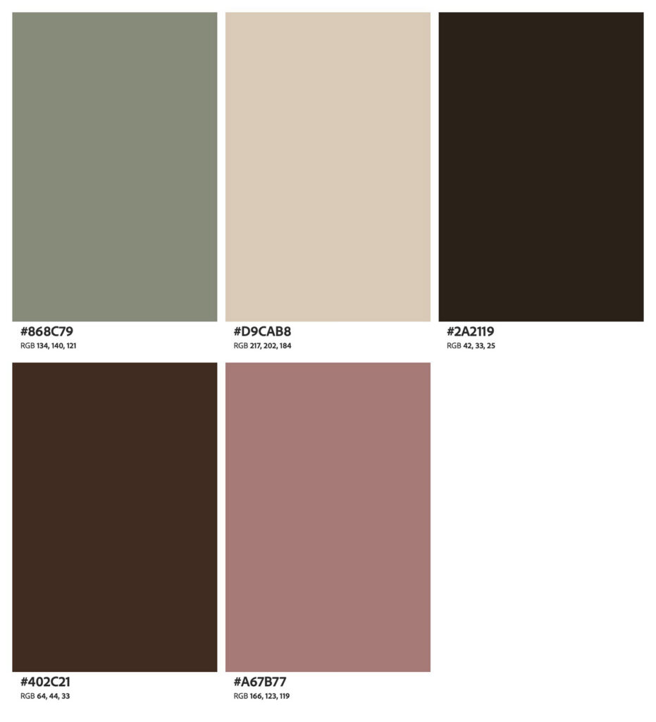 A wardrobe color guide with dusty rose, olive, and warm beige, perfect for coordinating a couple’s outfit against deep green forest foliage.