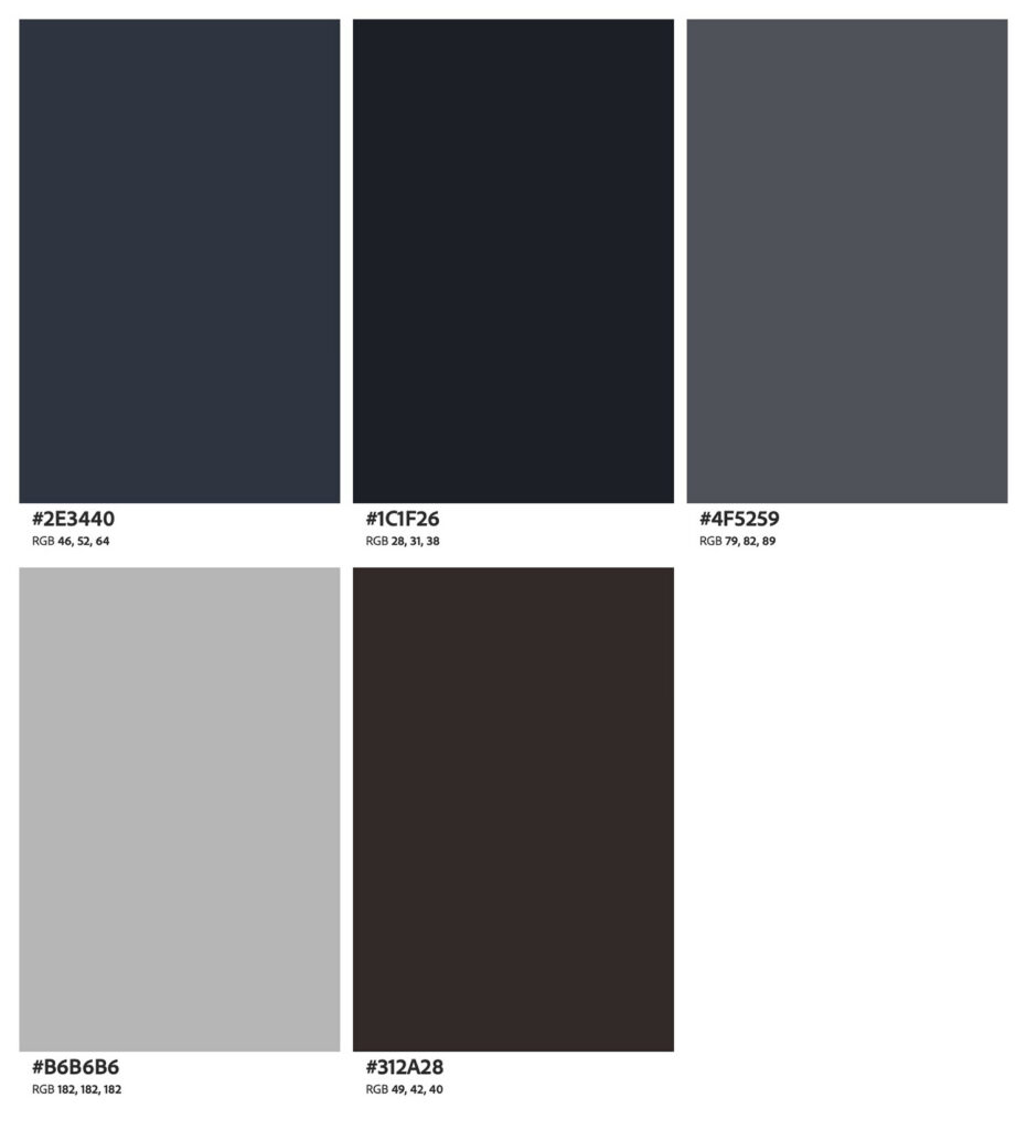 A color palette featuring rich brown, slate blue, and ivory, illustrating complementary cool and warm tones for a dramatic rock wall backdrop.