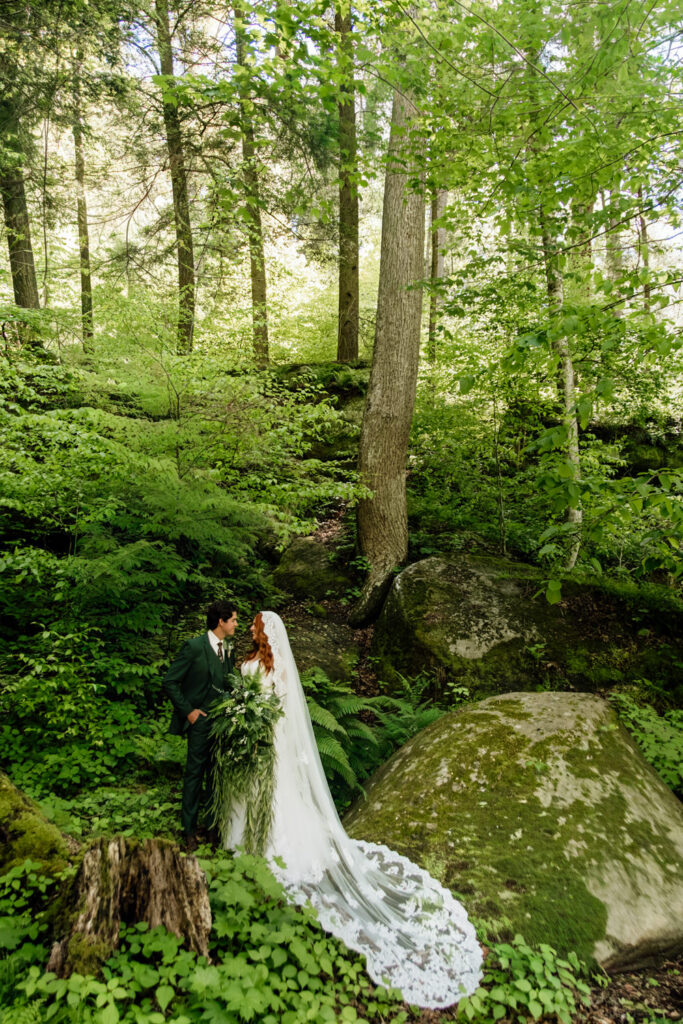 Wide shot of a couple embracing in a misty forest gorge. The damp sandstone rocks and vibrant green ferns create a cinematic, atmospheric mood.