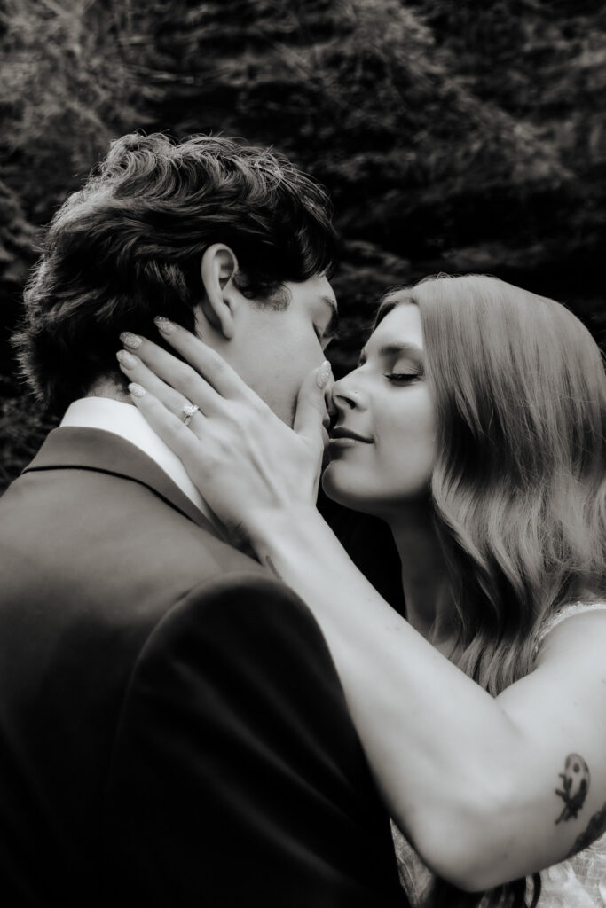 Up close black and white vintage image of a wedding couple in the Hocking Hills.