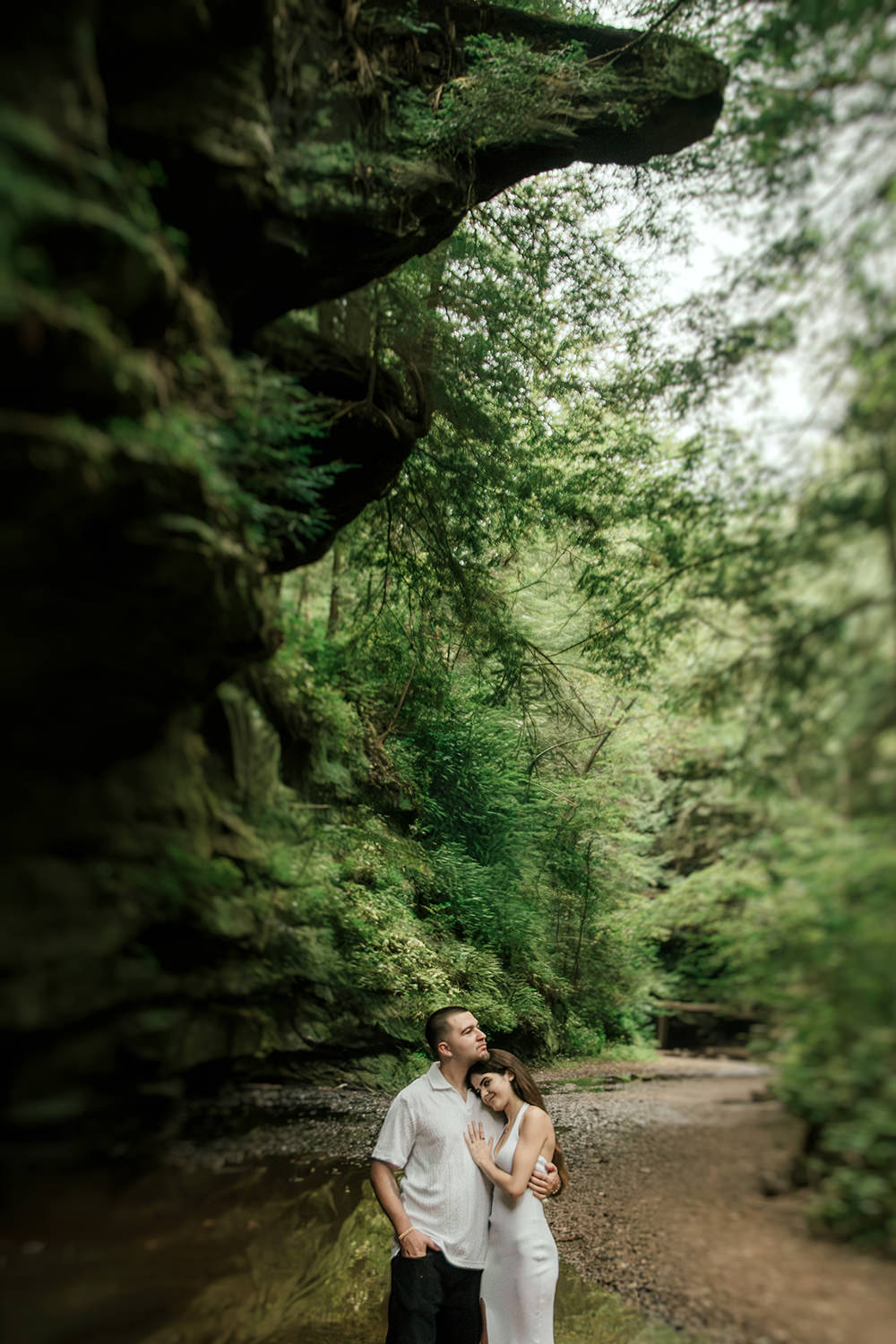 Portrait of Alethia and Anthony standing on a natural rock ledge surrounded by moss and ferns.