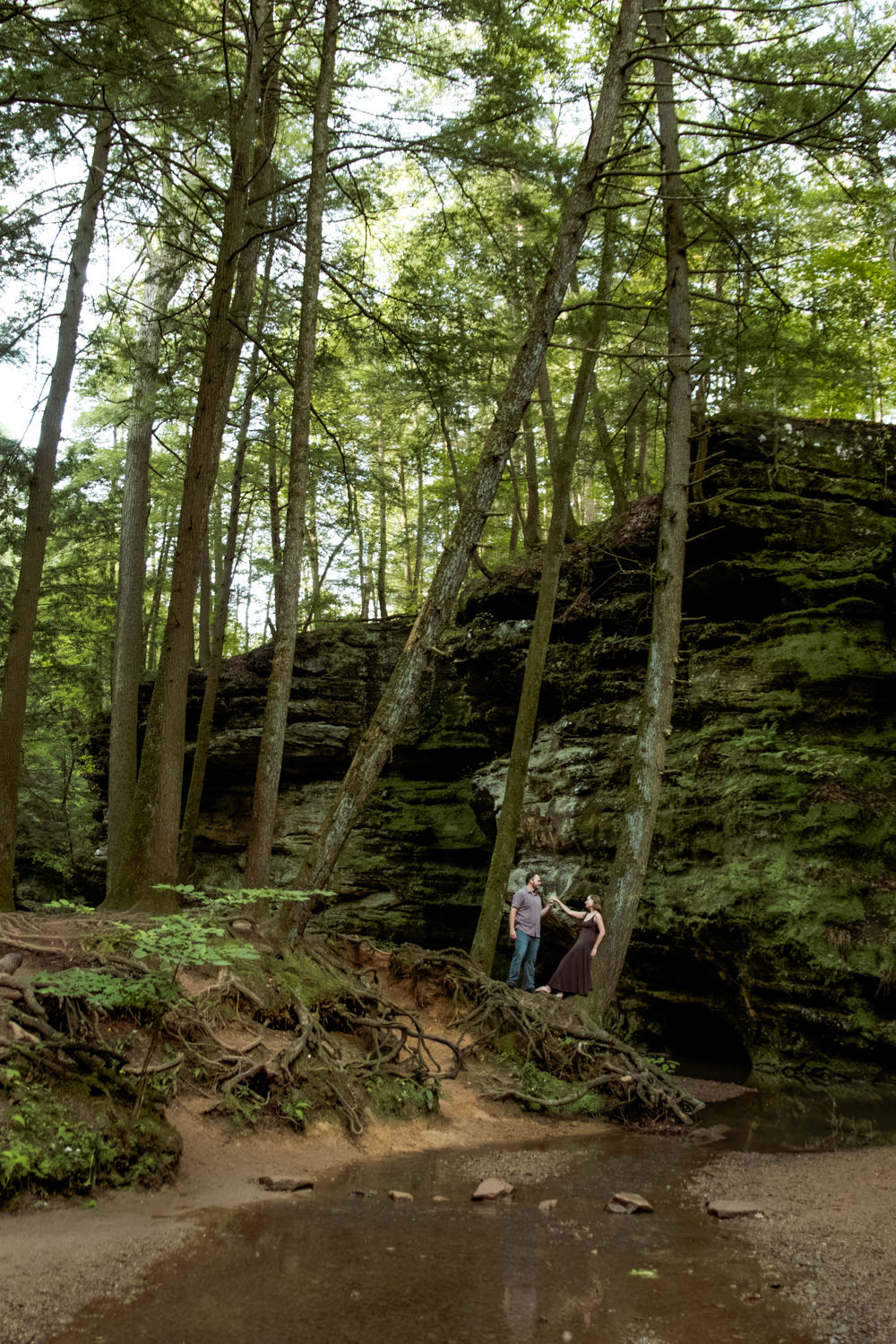 Sunlight filtering through tall Hemlock trees onto a smiling couple hiking together in Ohio.